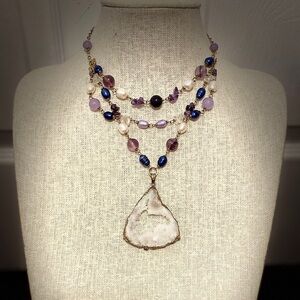 Handmade Triple Layer Statement Necklace Purple Agate Stone